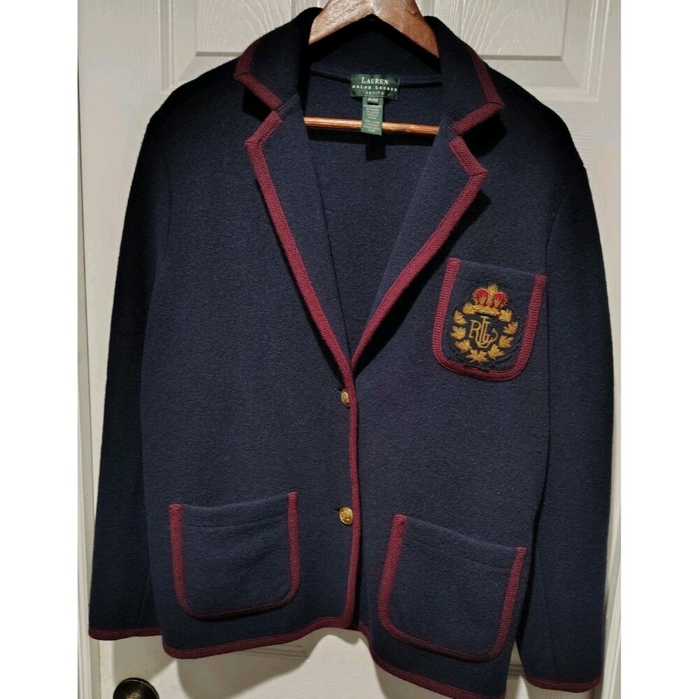 Ralph Lauren Blue Contrast Trim Preppy Blazer Jacket Women Petite M 100% Wool